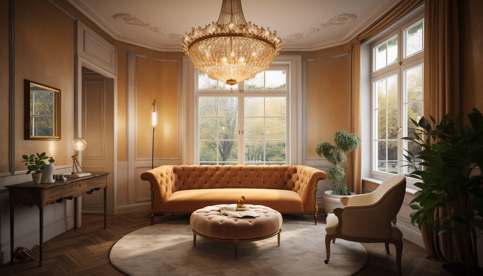 Elegant modern living room showcases luxury design generated by artificial intelligence
